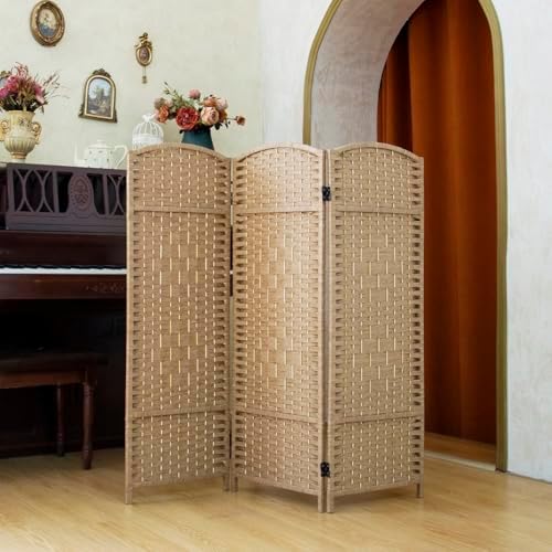 Compact 3 Panel Short Room Divider, 47.2 Inch Tall Double-Sided Rattan Folding Privacy Screen for Home & Office,Light Brown by PawlaBay