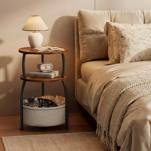 Round Side Table with Storage Basket for Living Room Rustic Brown - Image 4