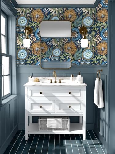 HAOKHOME Floral Peel and Stick Wallpaper Boho Navy Blue Mustard Bathroom | Renter Friendly Removable Textured Self Adhesive Wall Paper Retro Yellow Flowers Kitchen Bedroom Accent Decor 17.3in x 9.8ft - Image 3