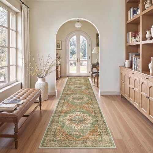 Madane Runner Rug 2x10 for Hallway, Washable Rug Runner, Brick/Brown/Green - Image 4