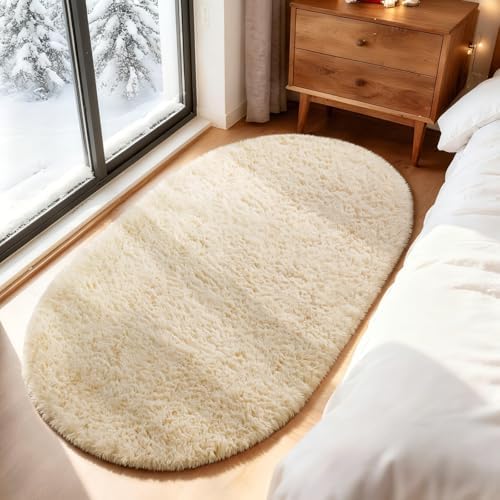 Ophanie 4x6 Oval Beige Rugs for Bedroom Living Room,Fluffy Fuzzy Furry Carpet,Plush Soft Shaggy Bedside Indoor Floor Area Rug for Kids Girls Boys Baby Teen Dorm Decor with Over 99 pcs Pile fibers - Image 3