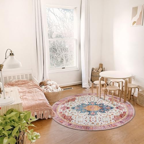 Moynesa Ultra-Thin Washable Round Rug - 4ft Pink Oriental Circle Area Rugs for Nursery Bedroom, Vintage Non Slip Non Shedding Low Pile Carpet for Living Room Coffee Table Entryway - Image 3