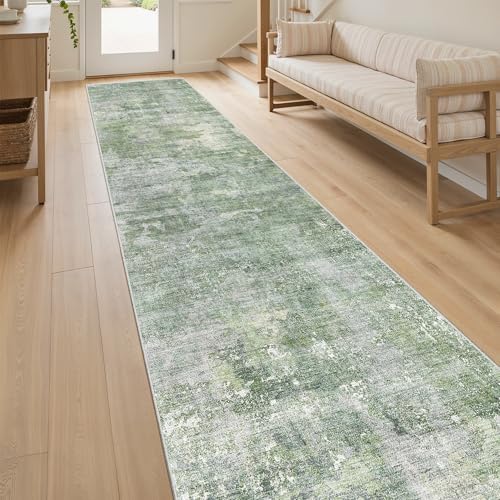 Soalmost Abstract Runner Rug 2x10 Hallway Kitchen Runners Green/Ivory - Image 3
