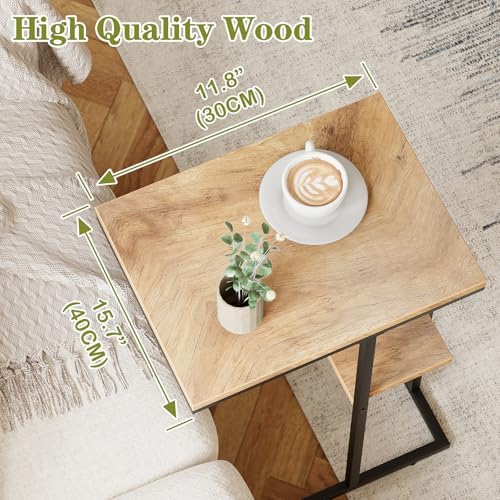 C Shaped End Table, Small Side Table for Couch and Bed, Wood Snack Table with Metal Frame for TV Tray, Sofa, Living Room, Bedroom, Bedside (Oak) - Image 2