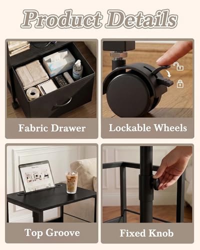 Faesun Swivel Lift Top Nightstand with Charging Station, Rolling Side Table for Recliner, Bedside Table with Wheels & a Fabric Drawer, for Small Spaces, for Bedroom, Living Room, Black - Image 5