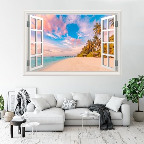 Fake Window Wall Decal - Summer Beach Seascape Ocean Scene Art Sticker | ｜Faux Window Natural Scenery Landscape Mural ｜ Stick and Peel Wall Decals｜Room Bedroom Office Decor｜48"x32",Set of 2 Sheets - Image 6