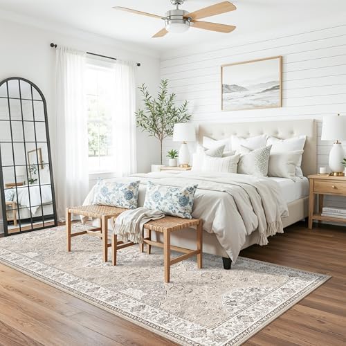 Washable 3x8 Kitchen Runner Rug: Indoor Oriental Hallway Carpet Low-Pile Stain Resistant Entryway Bathroom Area Rug Non Slip Vintage Soft Floor Mat for Living Room Bedroom Boho Home Decor(3x8,Beige) - Image 2