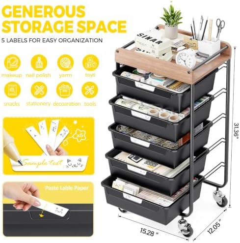 SYKIARIOL Utility Cart with 5 Labeling Drawers and Wooden Tabletop,Black - Image 2