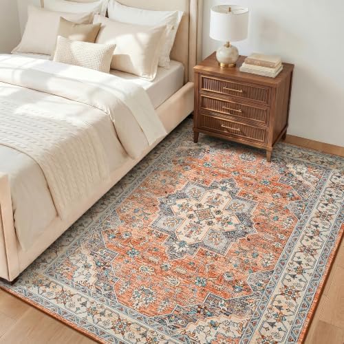 Hanples 5x7 Area Rugs for Living Room, Washable Rug Vintage Floral, Orange - Image 4