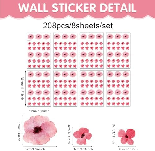 208Pcs Boho Flower Wall Stickers, Peel and Stick Pink Floral Wall Decals, Removable Neutral Watercolor Wildflower Blossom Window Clings for Girls Bedroom Living Room Offices Home Decoration - Image 2