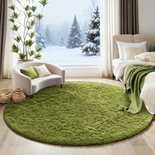 Ophanie Round Rug 6Ft Green Circle Area Rug, Green Room Decor, Fluffy Fuzzy Bedroom Carpet, Plush Soft Shaggy Living Room Rugs for Kids Home Decor Aesthetic, Nursery - Image 5