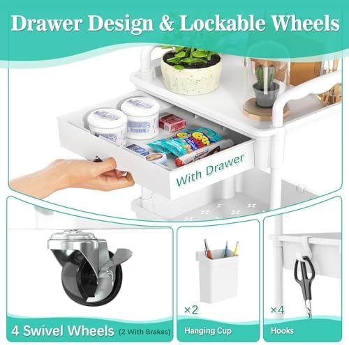 SUNALLY 4 Tier Rolling Cart with Drawer, Craft Storage Cart Organizer,White - Image 3