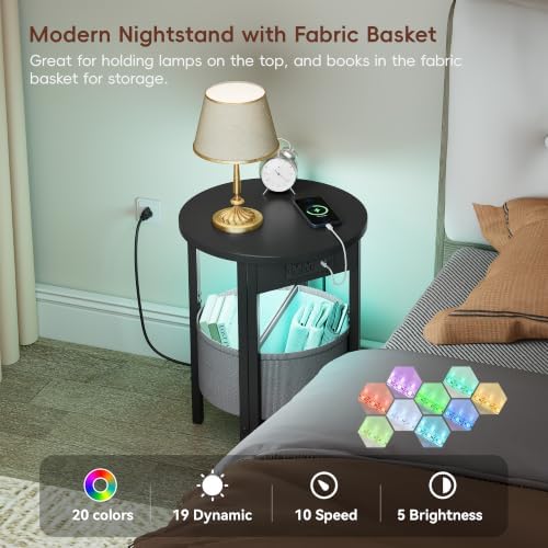 Vagusicc Round Side Table with Charging Station, Round End Table with Fabric Basket, Accent Table Coffee Table, Set of 2 Half Moon Tables, Bedside Table, Modern LED Nightstand for Living Room, Black - Image 5
