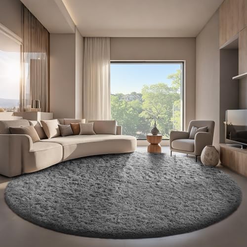 Ophanie Round Rug 8Ft Grey Circle Area Rugs,Large Fluffy Fuzzy Living Room Carpet 8 feet,Plush Shag Solid Indoor Floor Gray Bedroom Circular Decor for Kids Teen Boys Baby,with Over 99 pcs Pile fibers - Image 5