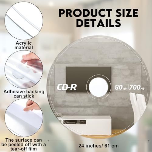 Tellegloww Acrylic Cd Mirror 24 x 24 Inch Cool Music Decor Cute Mirror Round Cd Funny Christmas Music Room Decor Wall Disco Disk for Girlfriend Gift Living Room Bedroom Home Party Favors - Image 2