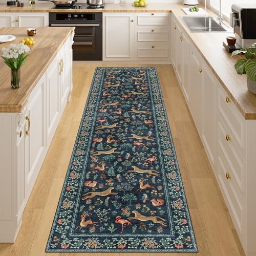 DUKINO 2x8 Washable Runner Rug, Non Slip Animal Kitchen Rugs, Navy Blue by DUKINO