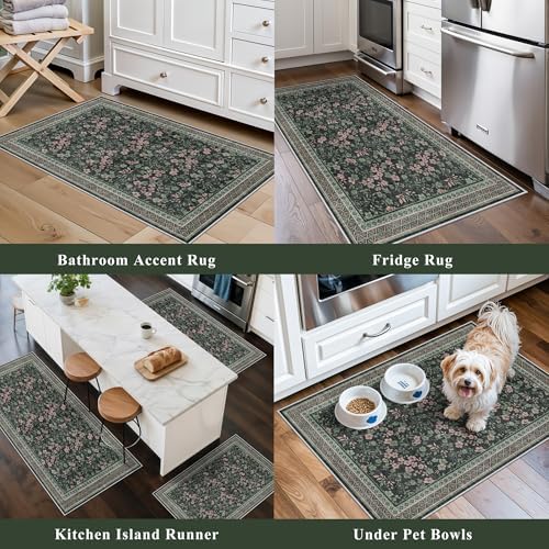 Kitchen Rugs 3 Piece Set, Washable Non-Slip Farmhouse Kitchen Mats for Hardwood Floor, Rustic Floral Boho Runner Rug for Sink,Entryway & Hallway & Bathroom (Dark/Green/Floral,2x3-2x4-2x5) - Image 5