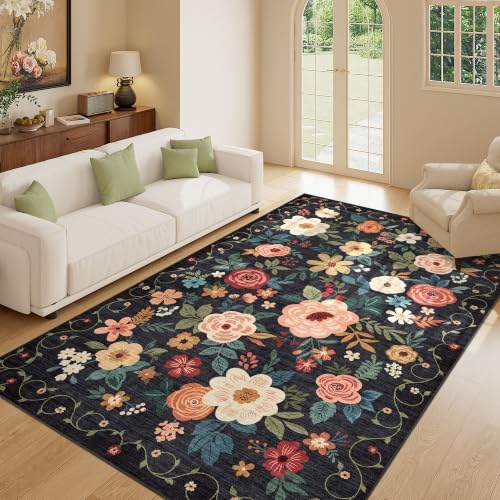 DUKINO 5x8 Area Rug for Bedroom, Soft Floral Washable Rug Non Slip, Black - Image 3