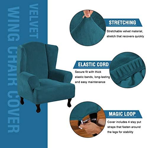 H.VERSAILTEX Wingback Chair Covers Velvet Plush Wing Chair Slipcover 1 Piece High Stretch Wing Back Chair Slipcovers Sofa Cover Furniture Cover with Elastic Bottom, Deep Teal - Image 2