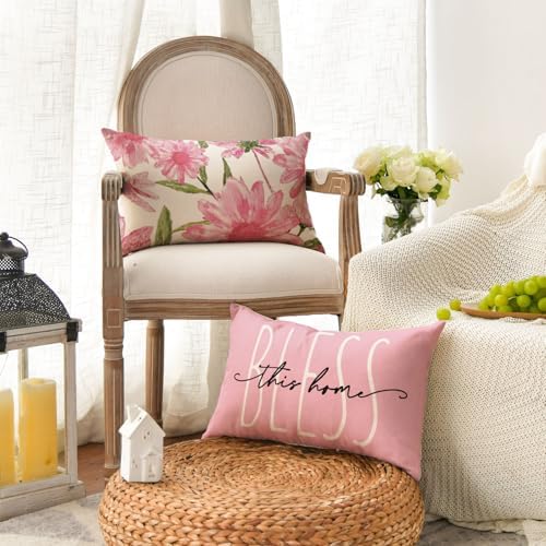 AVOIN colorlife Home Sweet Home Spring Summer Flowers Pink Throw Pillow Covers, 12 x 20 Inch Cushion Case for Sofa Couch Set of 4 - Image 3