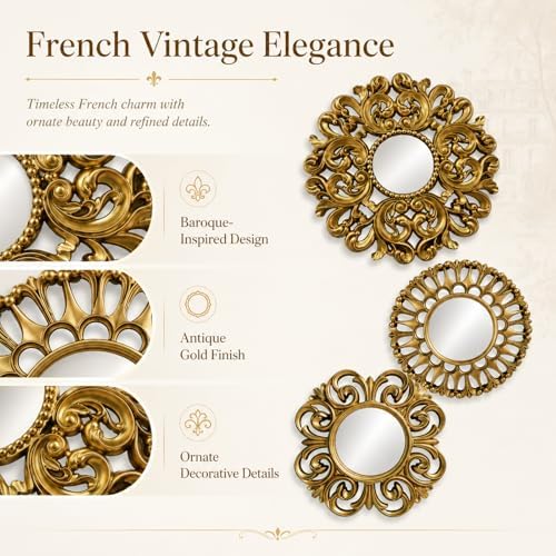 Mifoci Vintage French Wall Mirror Set of 3 Antique Gallery Decor,Round - Image 3