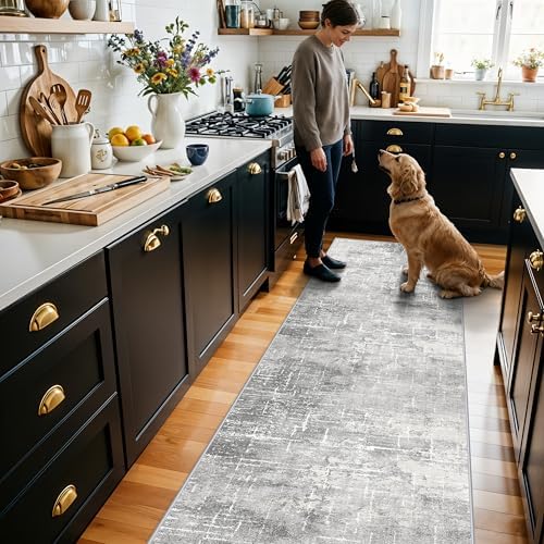 Washable 2x10 Kitchen Runner Rug: Abstract Farmhouse Bathroom Entryway Rug Soft Stain-Resistant Hallway Floor Mat Non-Slip Indoor Non-Shedding Carpet for Nursery Living Room Bedroom (2x10,Light/Grey) by HYHAOYUNLAI