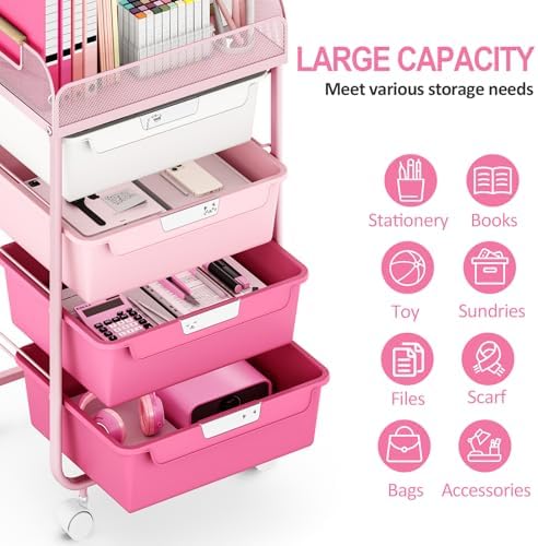 SYKIARIOL 4-Drawer Rolling Storage Cart with Mesh Top, Rose Pink - Image 6