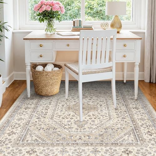 5x5 Square Washable Area Rug - Non-Slip Vintage Living Room Rugs Beige Gray - Image 2