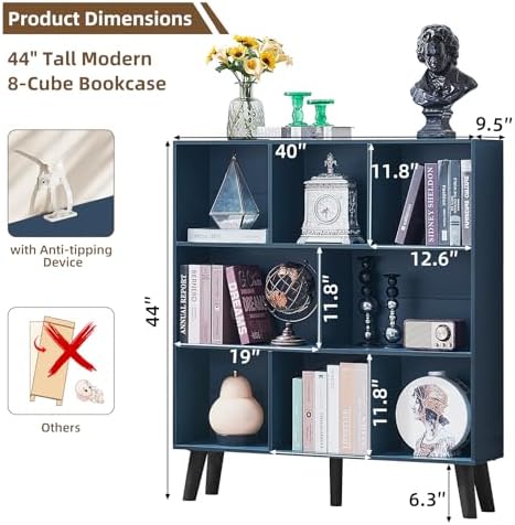 LEYAOYAO 8 Cube Bookshelf,Mid-Century Modern Book Shelf with Legs,Dark Blue - Image 2
