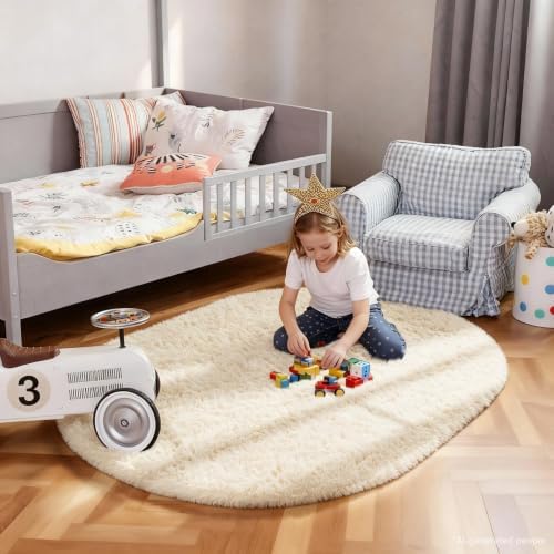 Ophanie 3x5 Oval Ivory Rugs for Bedroom Living Room,Fluffy Fuzzy Furry Carpet,Plush Soft Shaggy Indoor Floor Area Rug for Kids Girls Boys Baby Teen Dorm Decor with Over 99 pcs Pile fibers - Image 3