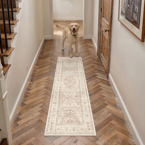 2x5 Beige Washable Runner Rug Non Slip Vintage Carpet by WondRg