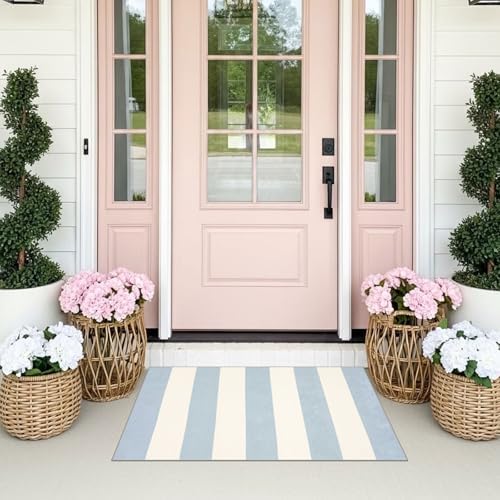 Front Door Mat Indoor Outside Entrance, 2x3 Blue White Striped Rug - Image 4