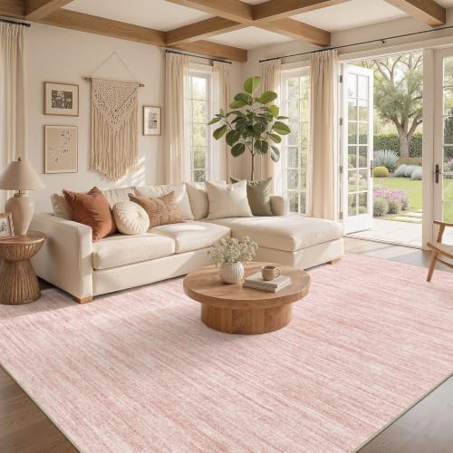 Nakagishi 10X12 Area Rugs Living Room: Washable Large Vintage Rug Neutral Non-Slip Soft Stain Resistant Indoor Carpet for Bedroom Nursery Dining Room Office Playroom - Pink - Image 2