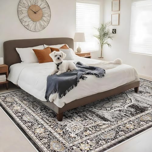 Washable Rugs 7x9 Area Rug：Large Rugs for Living Room - Oriential Distressed Printed Floral Carpet - Non Slip with Rubber Backing Area Rug 7'x9' Black - Image 5