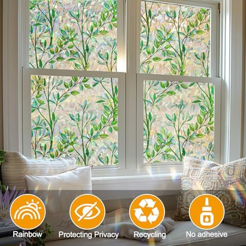 Countewol Privacy Window Films Stain Glass Cling No Glue Anti-UV Window Sticker for Bathroom Bedroom Living Room(Leaf Rainbow 157.4" L*45.27" W) - Image 6