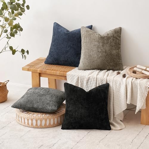 MIULEE Soft Decorative Chenille Pillow Covers Navy Grey 18x18 Pack of 4 - Image 5