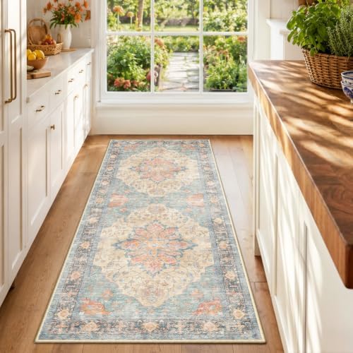 RELEANY Washable Area Rug, Runner 2'x6', Blue/Orange/Red by RELEANY