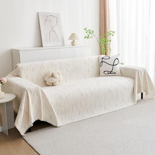 MYSKY HOME Couch Cover for Dogs, Sectional Couch Cover, Beige Lines Sofa Covers for Sectional Sofa L Shape Chenille Couch Protector for Dogs Pets Couch Covers Washable Soft Throw, 91"X134" - Image 2