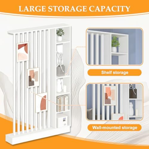 Freestanding Wall Room Divider with Shelves, White, 47.2x9.4x78.7in - Image 3