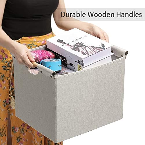 HOONEX Large Foldable Storage Bins, Linen Fabric, 2 Pack, with Wooden Carry Handles and Sturdy Heavy Cardboard, for Home, Office, Car, Nursery, Beige - Image 2