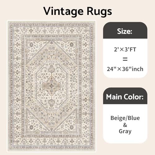 2x3 Washable Entryway Area Rug - Non-Slip Boho Throw Rugs Beige Gray - Image 7