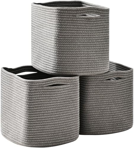 ICERZCZ 13 Inch Cube Closet Storage Bins, Woven Cotton Rope Organizer Baskets for Organizing & Shelves, Books, Towels, Clothes, Toys, 13x13x13 in, Grey (Pack of 3) by ICERZCZ