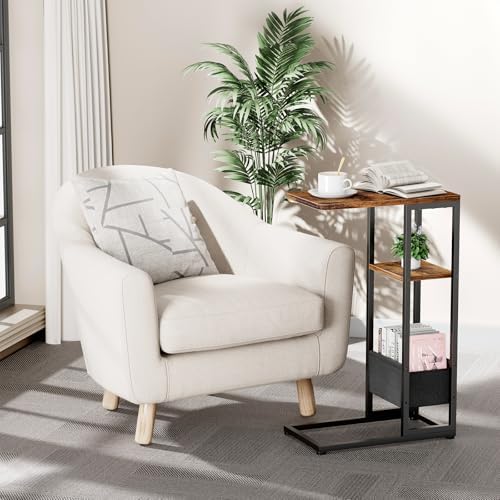 C Shaped End Table, Small Side Table for Couch, Recliner, Slide Under Sofa Tray Desk Snack Tables with Storage Bag for Living Room,Bedroom, Small Spaces - Rustic Brown - Image 2