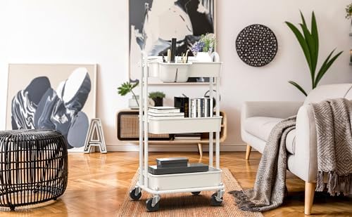Simple Houseware 3-Tier Rolling Utility Cart with Hanging Bucket, White - Image 7