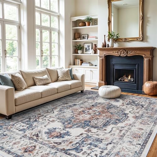 Washable Large 9x12 Area Rug: Living Room Oriental Non Slip Soft Rugs Indoor Low Pile Stain Resistant Carpet for Bedroom Dining Room Farmhouse Distressed Thin Home Decor Floor Mat (9x12 Brick) by HYHAOYUNLAI