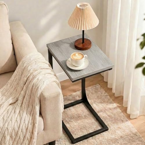 TEMI C Shaped End Table for Couch with Charging Station, Small Side Table TV Tray for Eating or Laptop, Accent Desk for Sofa or Chair, Space Saving Living Room Bedroom, Greige - Image 5