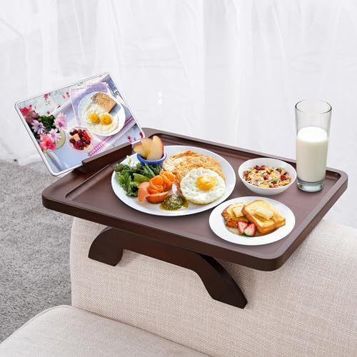 SINWANT Couch Arm Tray Table, Large Space 15.75"x 11.8" Bamboo Couch Armrest Table with 360° Rotating Phone Holder,Foldable Sofa Armrest Tray for Eating Snacks Drinks Remote Books by SINWANT