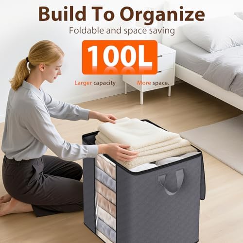 SpaceWhisper 4 Pack 100L Clothes Storage, Foldable Storage Bags, Grey - Image 5