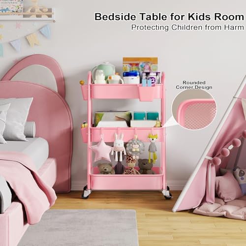 3 Tier Rolling Storage Cart Metal with Wheels, Pink Three Tiered Craft Cart - Image 2
