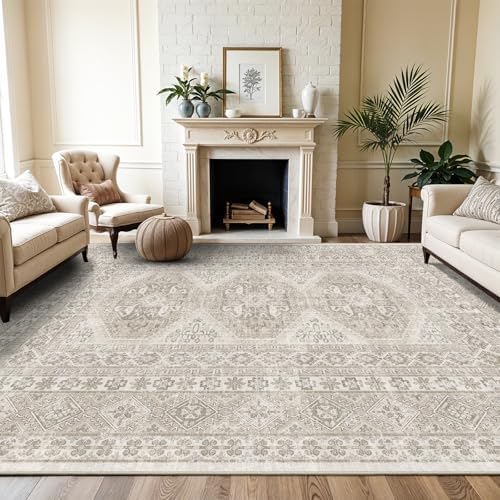 10x12 Area Rug Washable Vintage: Non Slip Living Room Large Rugs Beige - Image 4